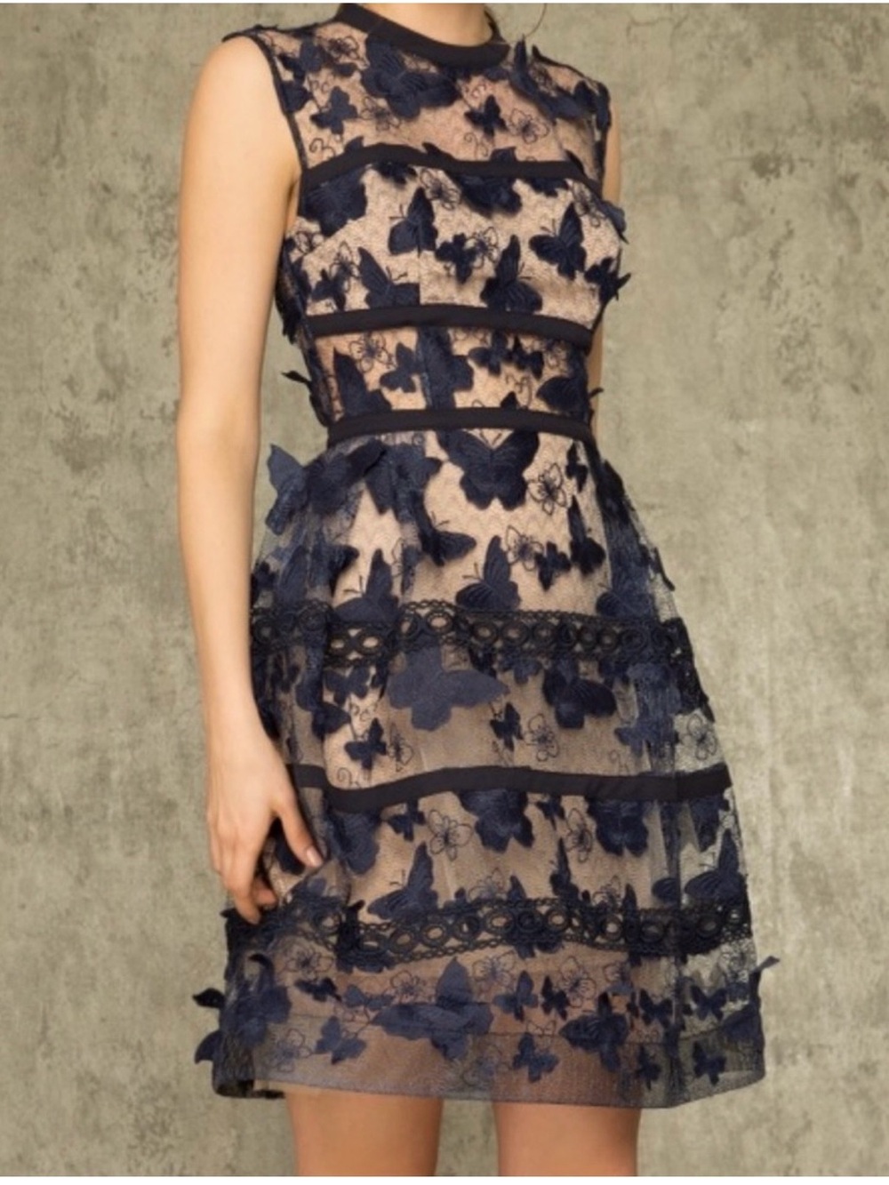 Bronx and Banco navy and nude 3D butterfly lace dress